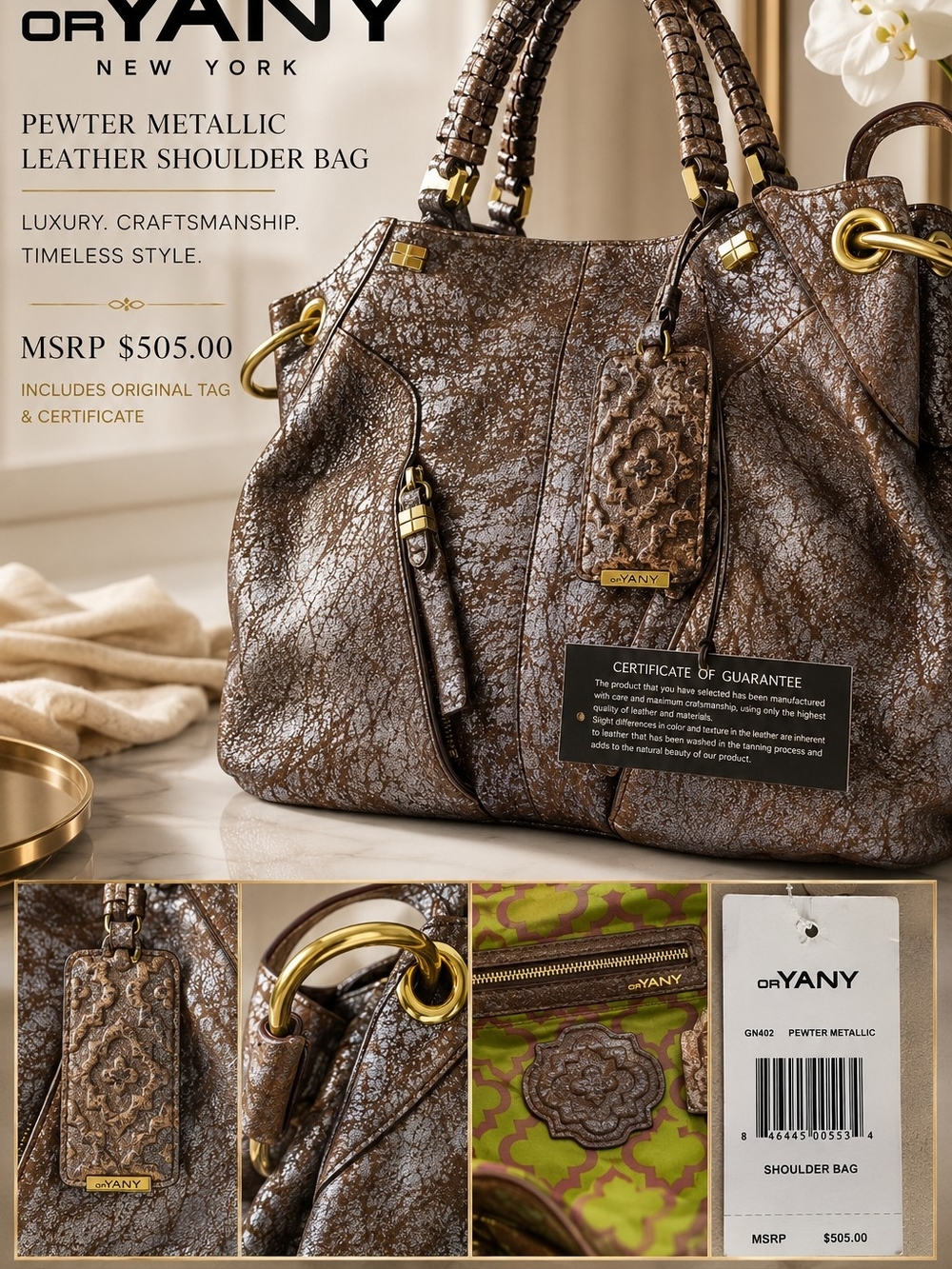 orYANY GN402 Pewter Metallic Leather Shoulder Bag NWT $505 MSRP